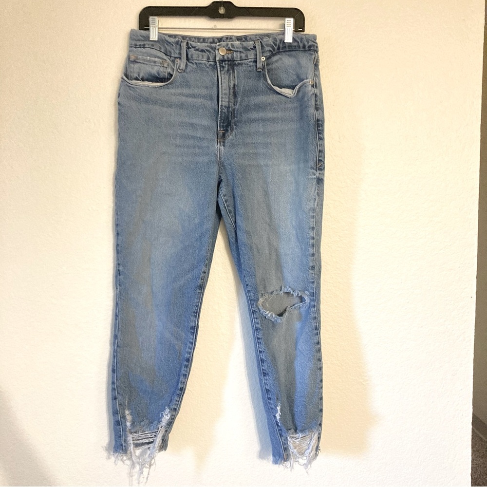 Good American light wash distressed mom jeans